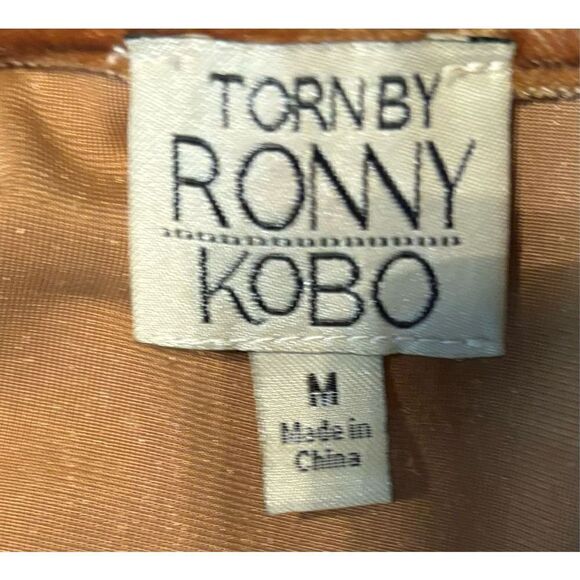 Torn Ronny Kobo Gold Mimi Sabrina Velvet Bell Sleeved Crop  Top - Picture 5 of 7